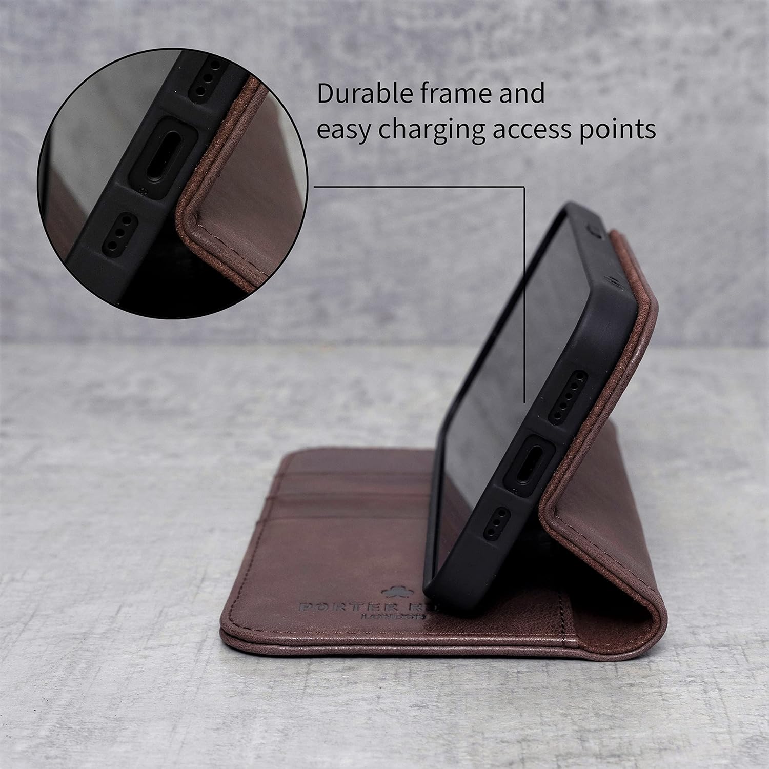 Porter Riley – Funda de cuero para iPhone 13 Pro Max (6.7 pulgadas). Funda de piel auténtica con soporte, carterabilletera con ranuras para