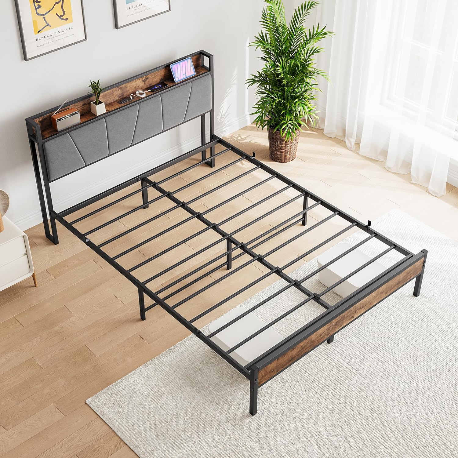 Base de cama Queen con cabecera de almacenamientoestación de carga, base de cama tapizada de metal resistente, marco de cama tamaño Queen con