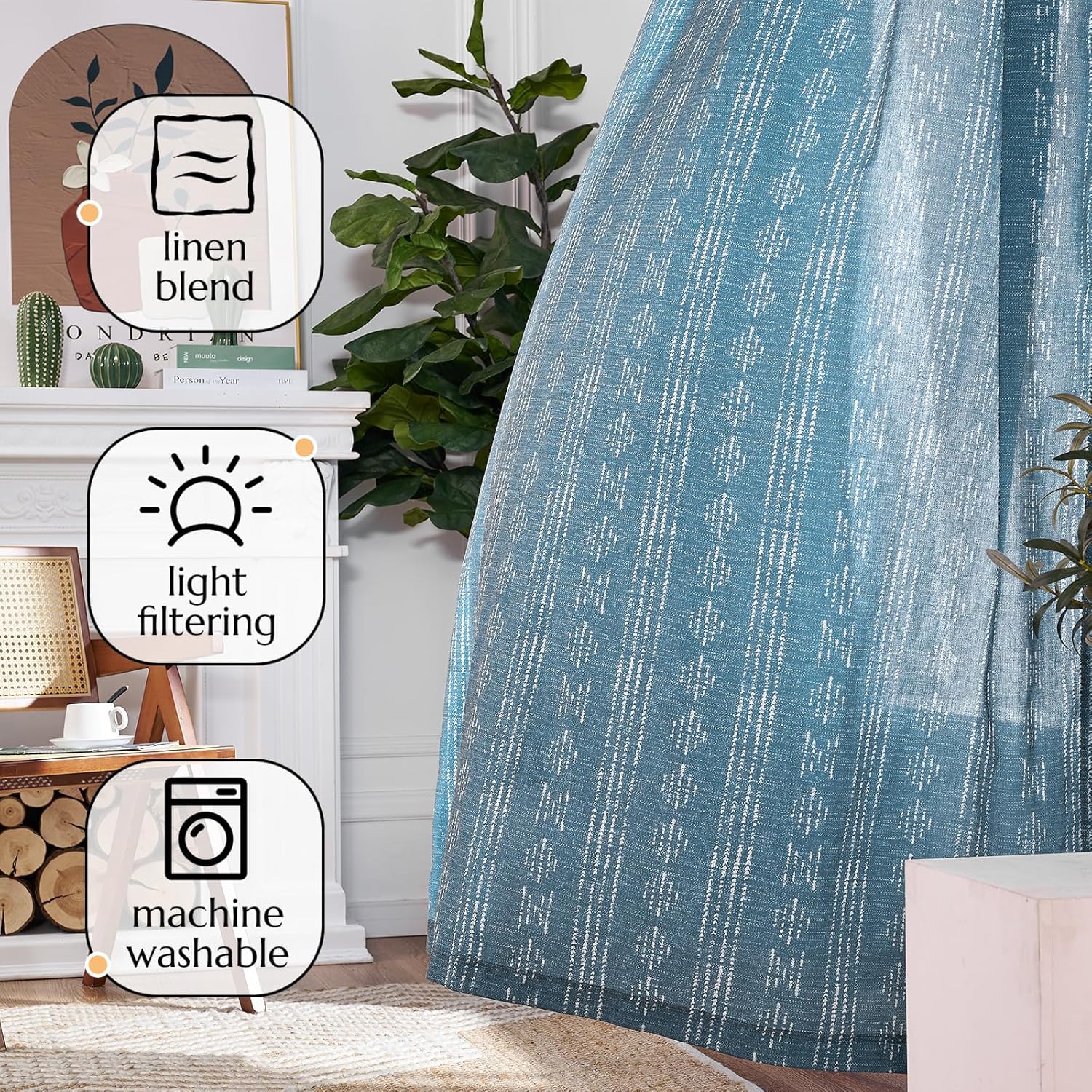 jinchan Cortinas bohemias de lino para sala de estar, cortinas bohemias azules de 108 pulgadas de largo para dormitorio, extralargas,