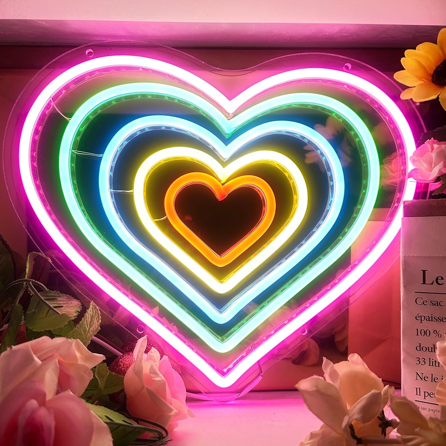 Letrero de luz LED en forma de corazón con forma de corazón para decoración de pared, letrero de luz de neón arcoíris de corazón rosa para