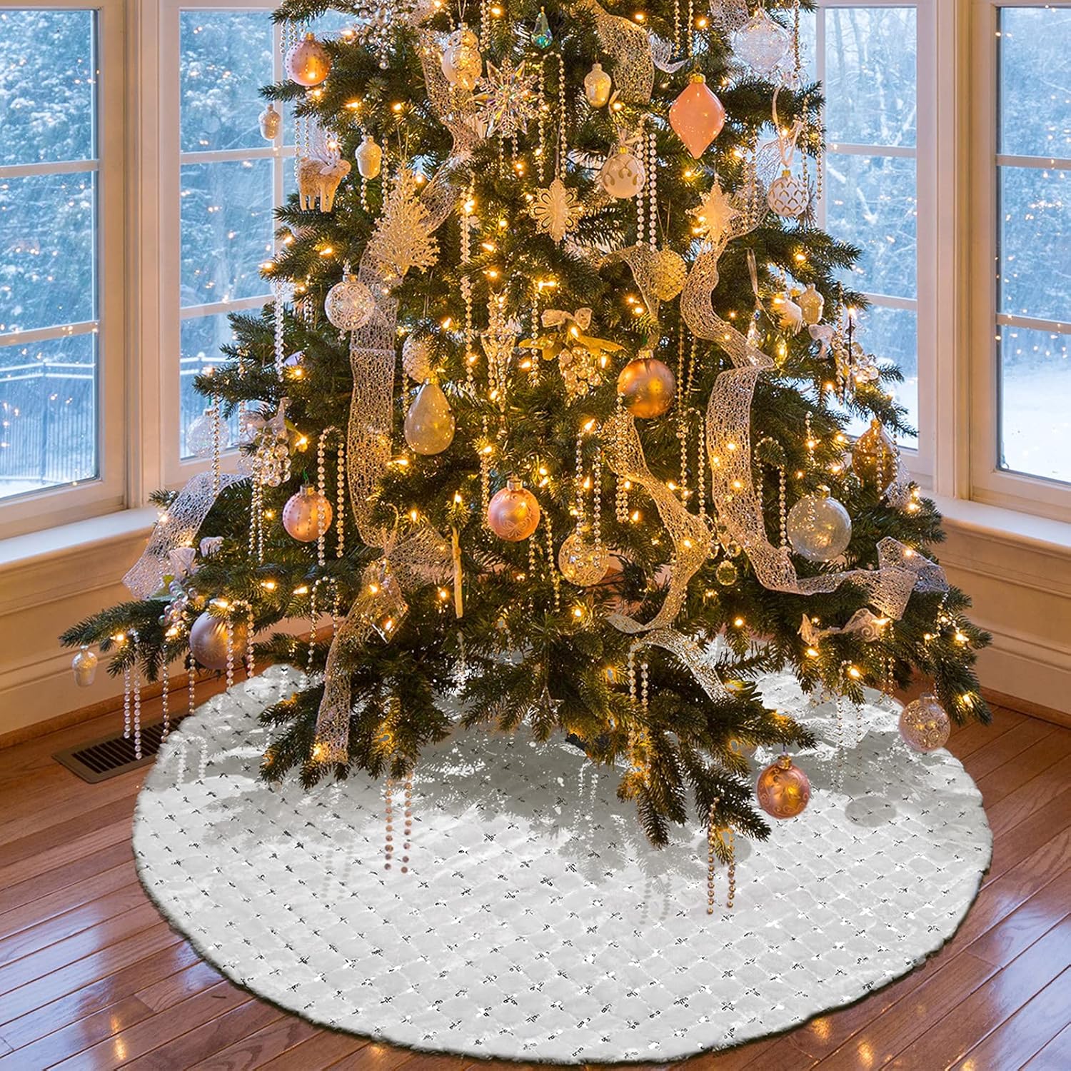 DegGod Faldas de árbol de Navidad blancas como la nieve con lentejuelas plateadas, 30 pulgadas de piel sintética de felpa para árbol de Navidad,