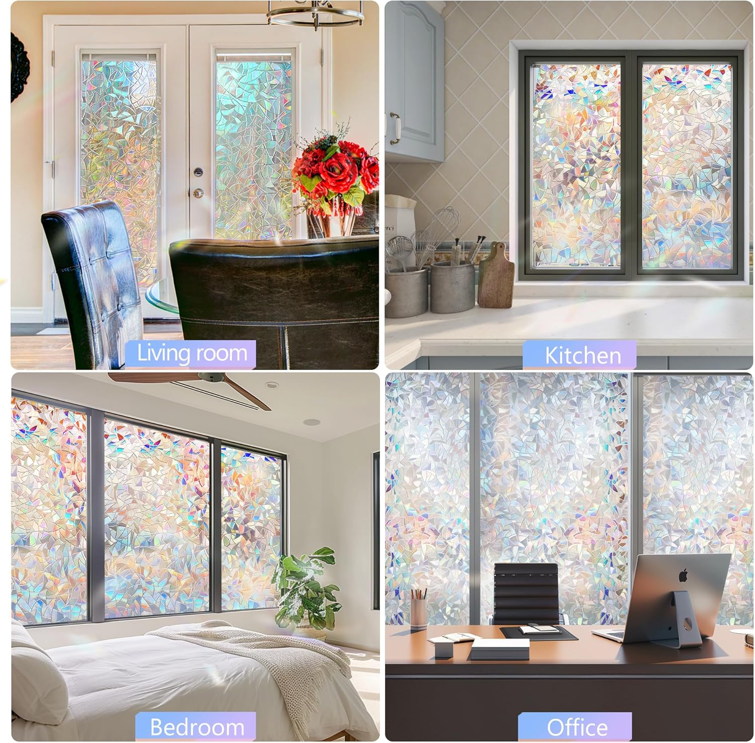 HIDBEA Película de privacidad para ventana, no adhesiva, película de vidrieras de colores arcoíris, reutilizable, anti rayos UV, película decorativa