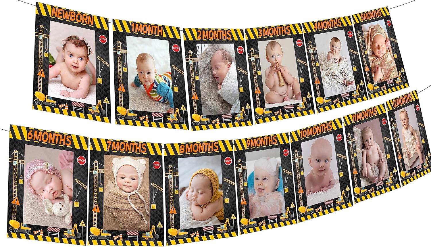 Sursurprise Suministros de fiesta de primer cumpleaños de construcción, pancarta de fotos de construcción de recién nacido a 12 meses, decoración de
