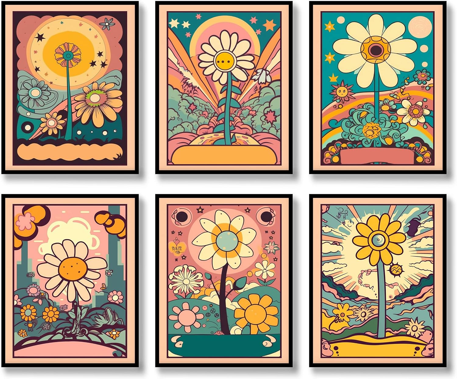 Juego de 6 impresiones de arte hippie para pared, diseño retro, lienzo de flores hippie de los años 60 y 70, pósteres vintage, abstracto,