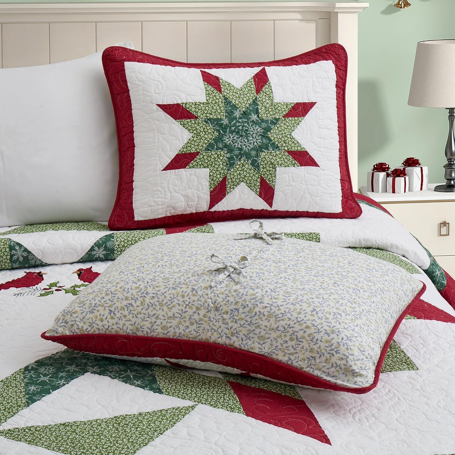 Juego de edredón de Navidad, tamaño Queen, 100% algodón, diseño de copo de nieve rojo, pájaro blanco, diseño de copos de nieve, diseño de mosaico