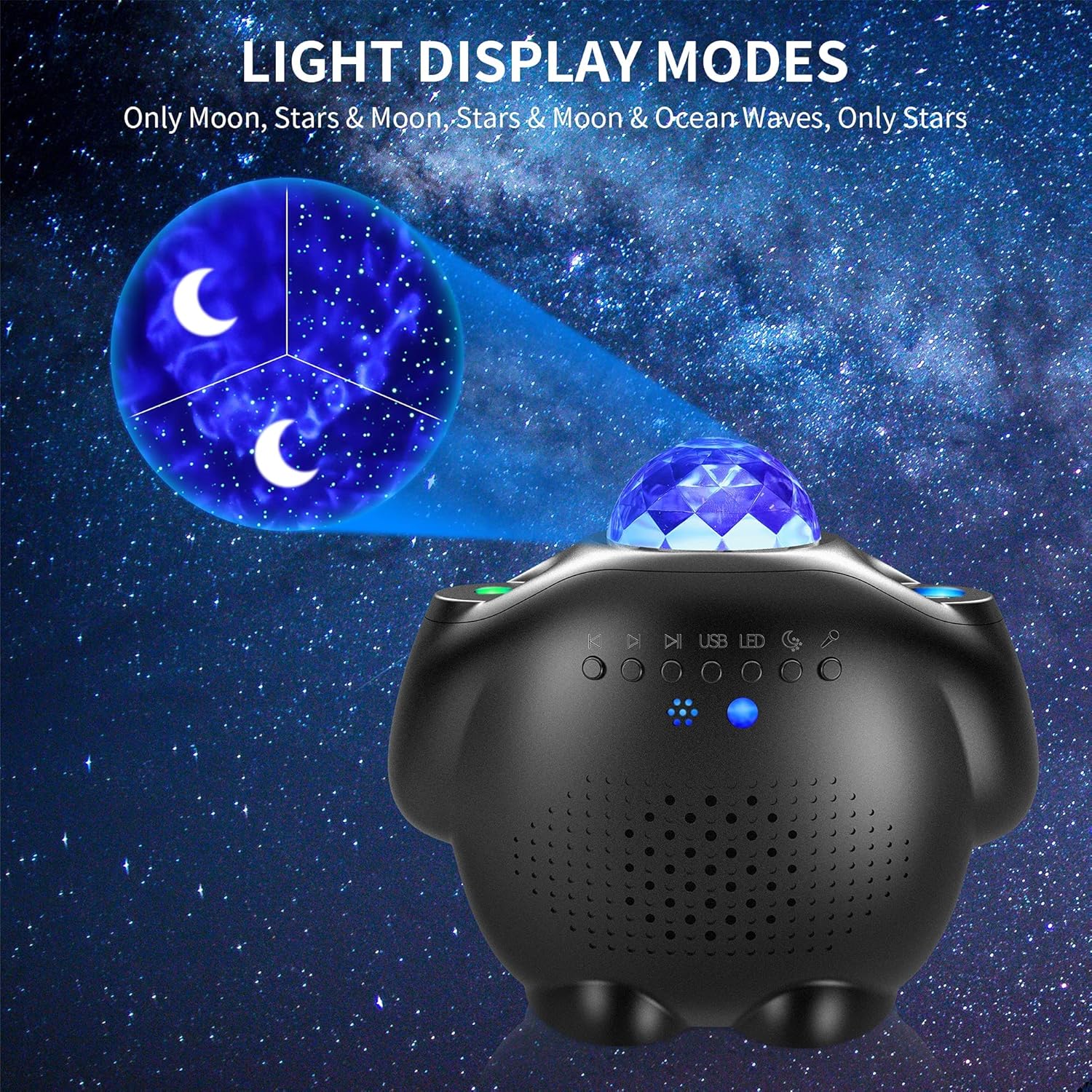 Proyector de estrellas, proyector de Navidad, proyector de luz nocturna de galaxia LED 4 en 1 con luna y estrella, proyector de olas oceánicas con