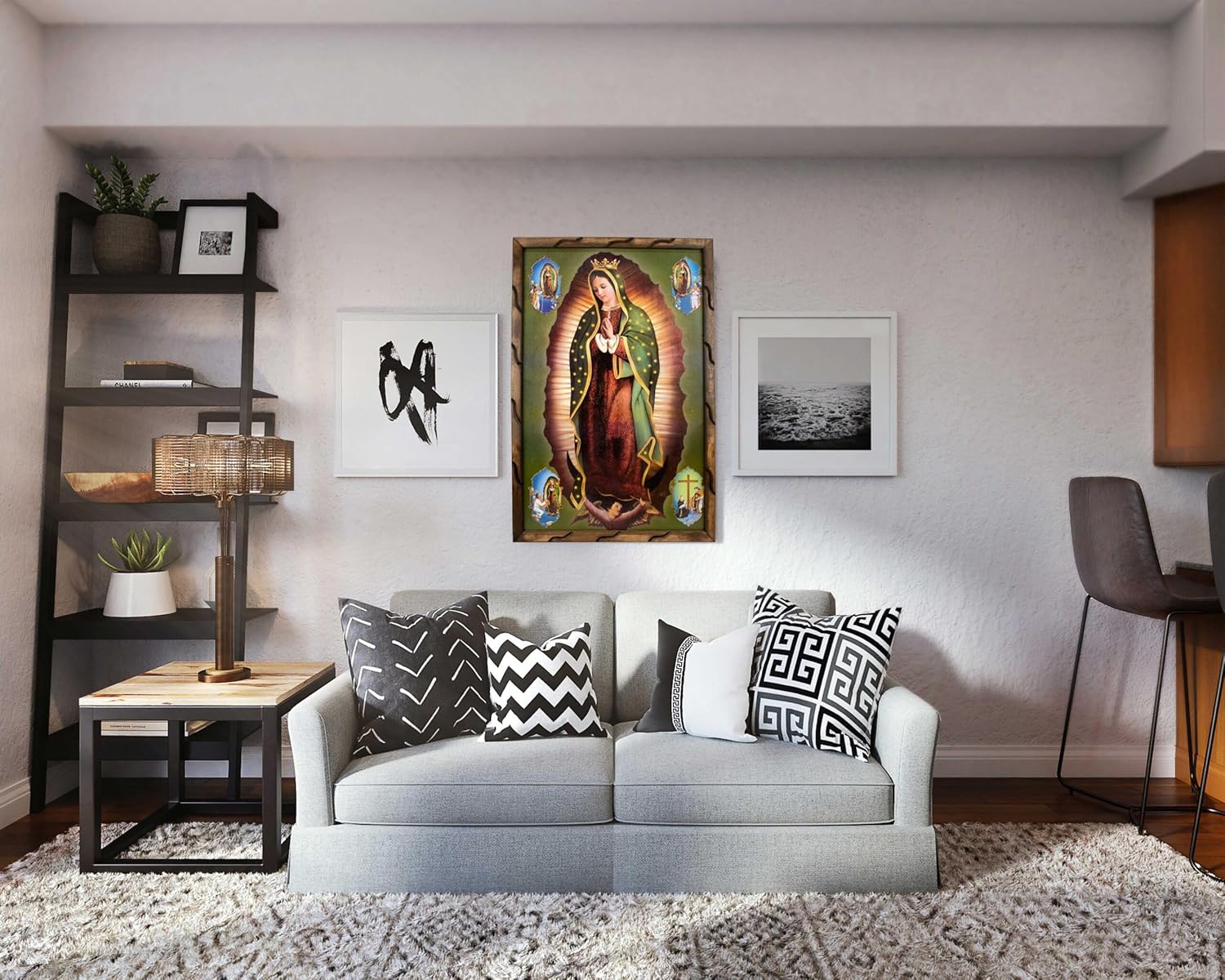 Mrcjsales imagen de Nuestra Señora de Guadalupe con imágenes en la esquina en marco rústico, pintura al óleo, 24 x 36 pulgadas, 13 x 18 pulgadas, 10