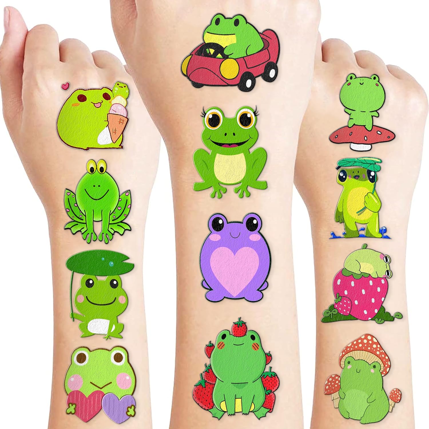 Calcomanías de tatuajes temporales de rana con temática temática de fiesta de cumpleaños, regalos de decoración, 8 hojas, 85 unidades, divertidas