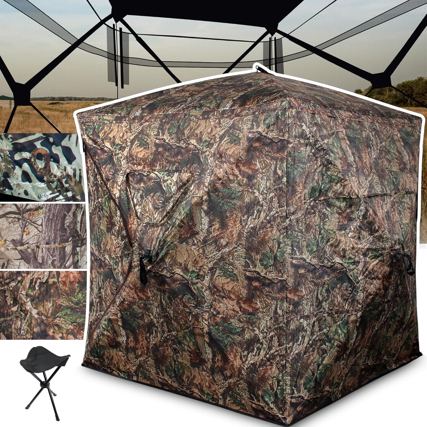 HUNT MONSTER Hunting Blind 1-3 Person with Tri-Leg Hunting Stool, 270 Degree See Through Pop up Ground Blinds for Deer Turkey Duck Hunting, Bow