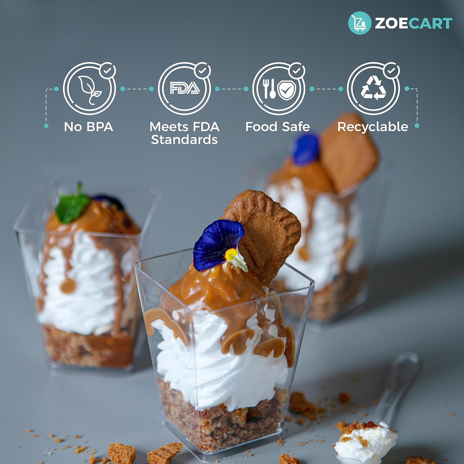Paquete de 100 tazas y cucharas de postre de plástico de 5 onzas, tazas de parfait transparentes, mini tazas de postre con cucharas, tazas cuadradas
