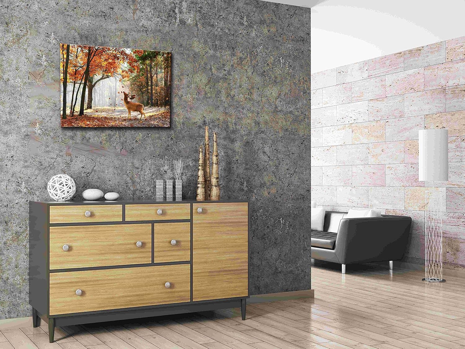 TEKMENT Arte de pared de bosque otoñal de ciervos para sala de estar, hermoso lienzo Sika Wild Animal en la mañana con hojas que caen, decoración de