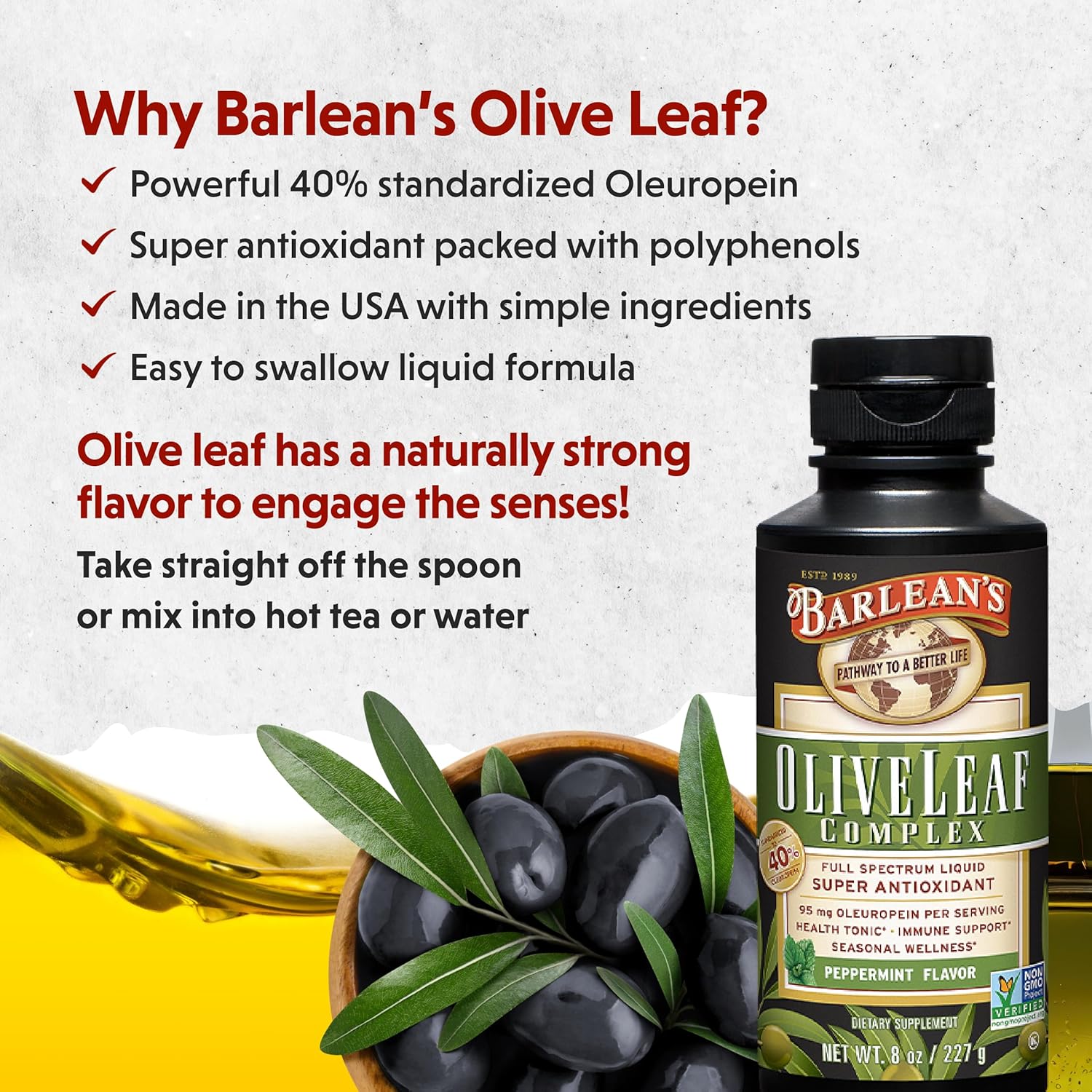 Barlean’s Peppermint Olive Leaf Complex Liquid Immune Support Supplement with 95mg Oleuropein Antioxidants for Seasonal Wellness, Heart Health, &