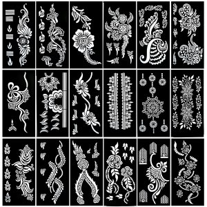 Plantillas de tatuaje de henna de 18 hojas para manos, plantillas temporales de tatuaje con purpurina, kit de calcomanías de tatuaje de henna india Plantillas de tatuaje de henna de 18 hojas para manos, plantillas temporales de tatuaje con purpurina, kit de calcomanías de tatuaje de henna india