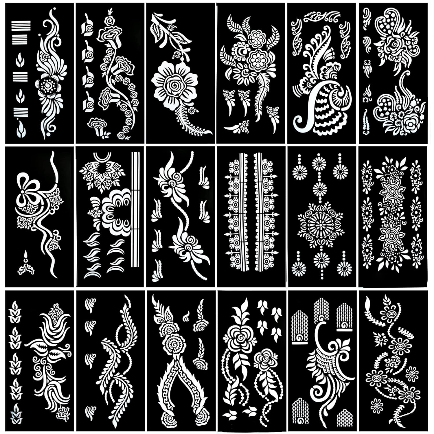Plantillas de tatuaje de henna de 18 hojas para manos, plantillas temporales de tatuaje con purpurina, kit de calcomanías de tatuaje de henna india
