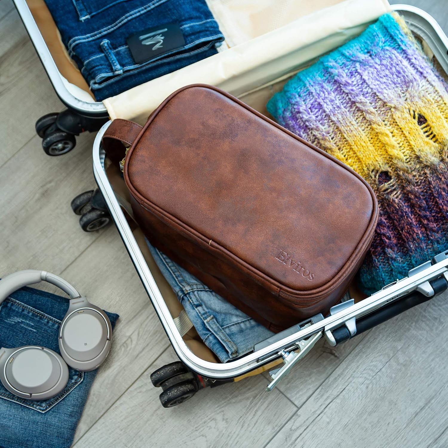 Elviros – Bolsa para artículos de aseo personal para hombre, resistente al agua, organizador de artículos de aseo personal para viajes largos, de