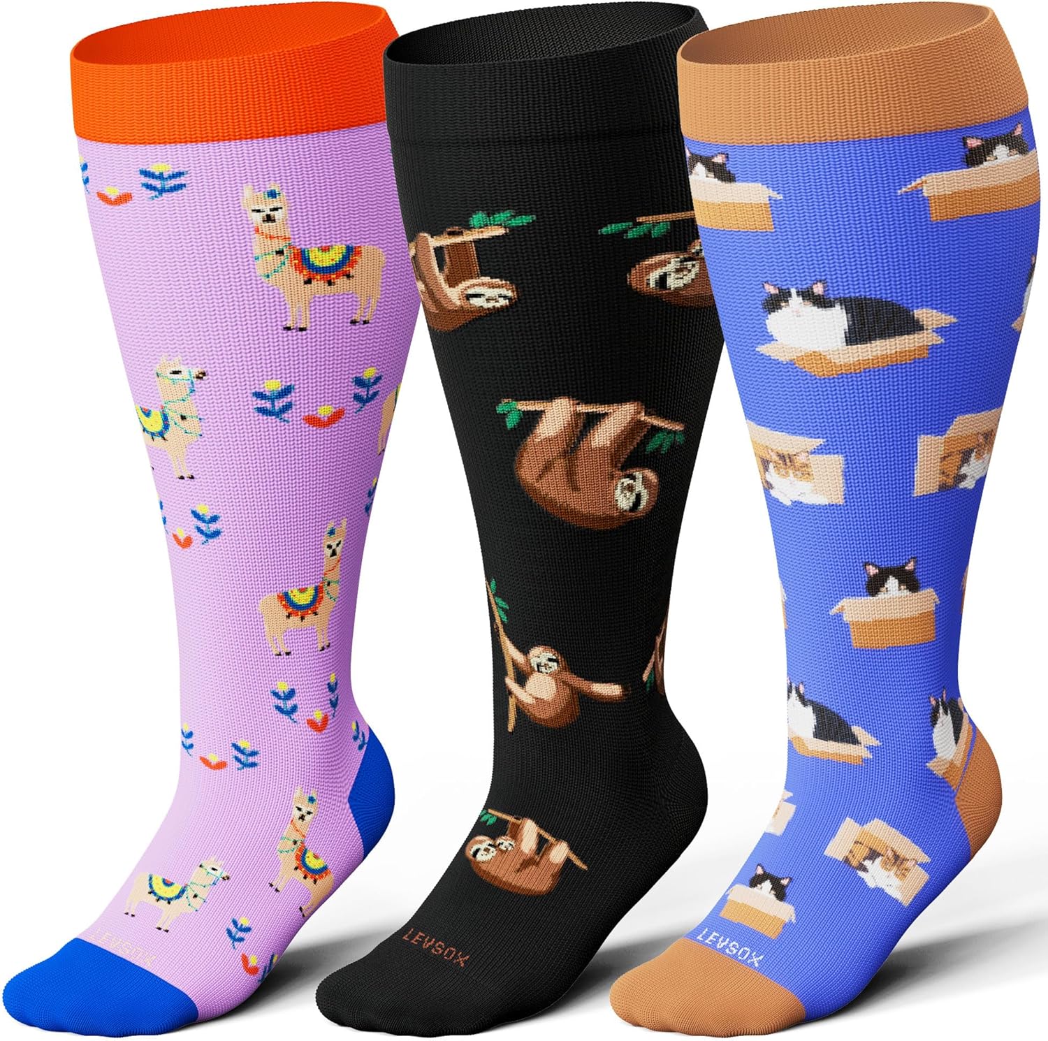 LEVSOX Calcetines de compresión de talla grande para mujeres y hombres, pantorrilla ancha, extra grandes, 15-20 mmHg, hasta la rodilla, calcetines
