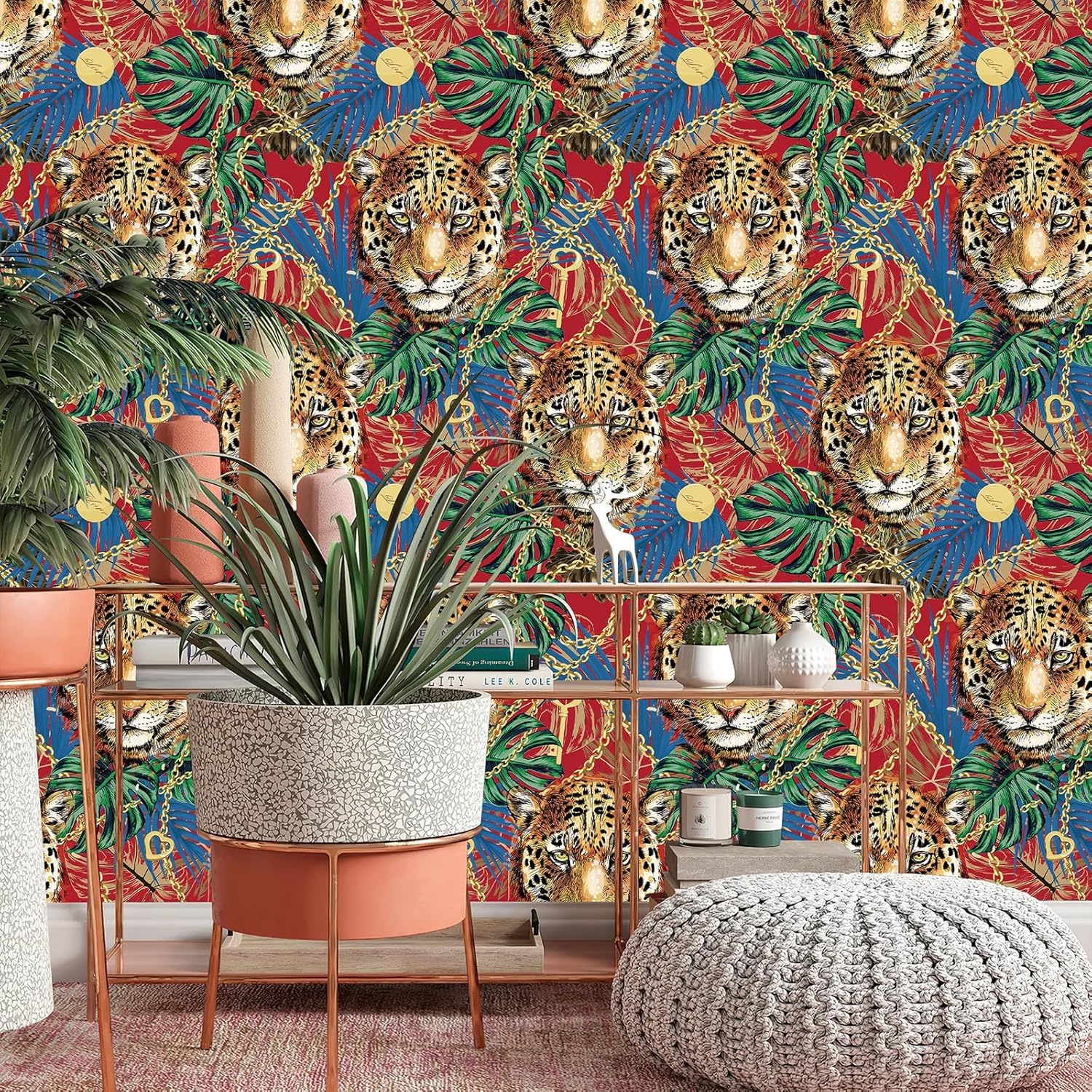 Papel tapiz floral de tigre autoadhesivo con estampado de leopardo tropical, animales de la selva, decoración de pared, decoración de habitación de