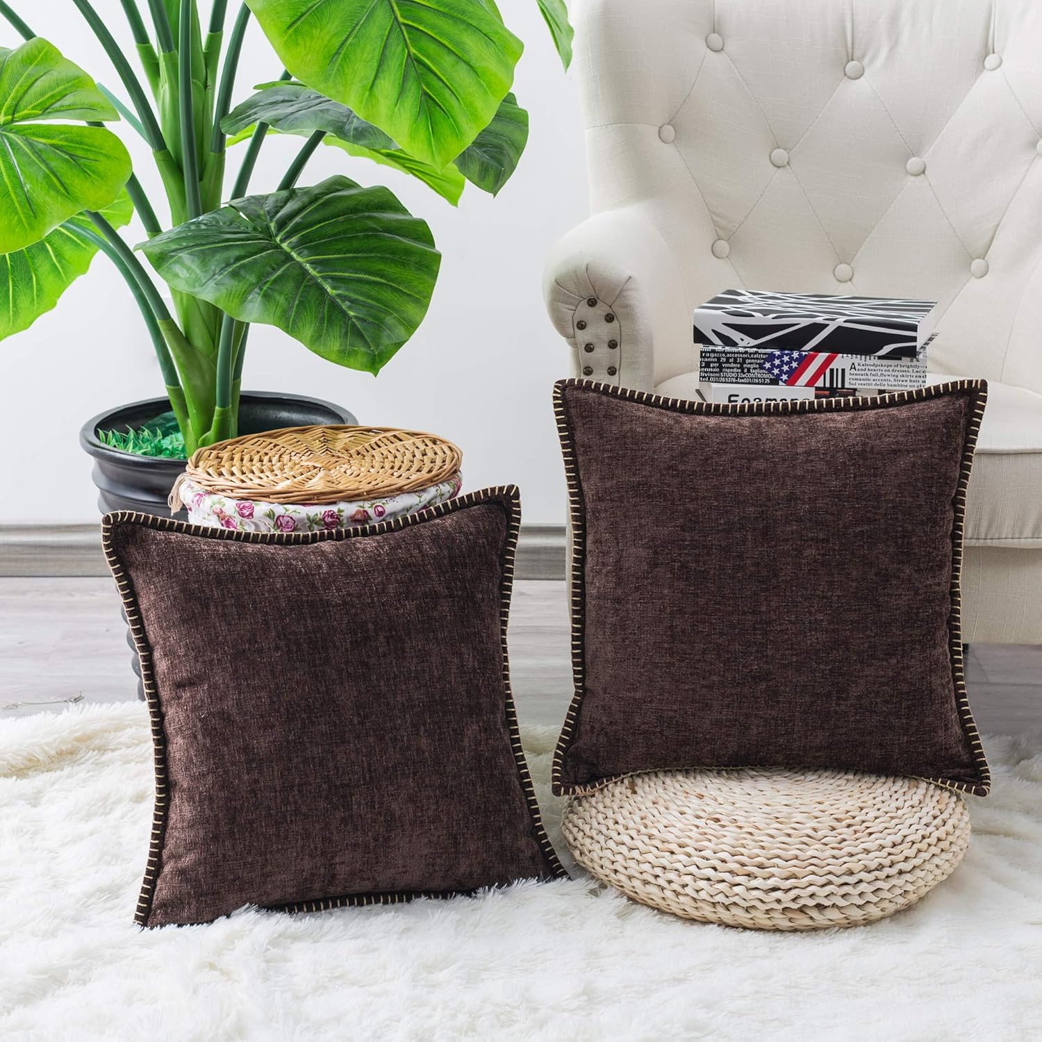 CaliTime – Juego de 2 fundas de almohada de algodón con color liso, felpilla suave y costuras en los bordes para decoración, sofá, sillón, casa y