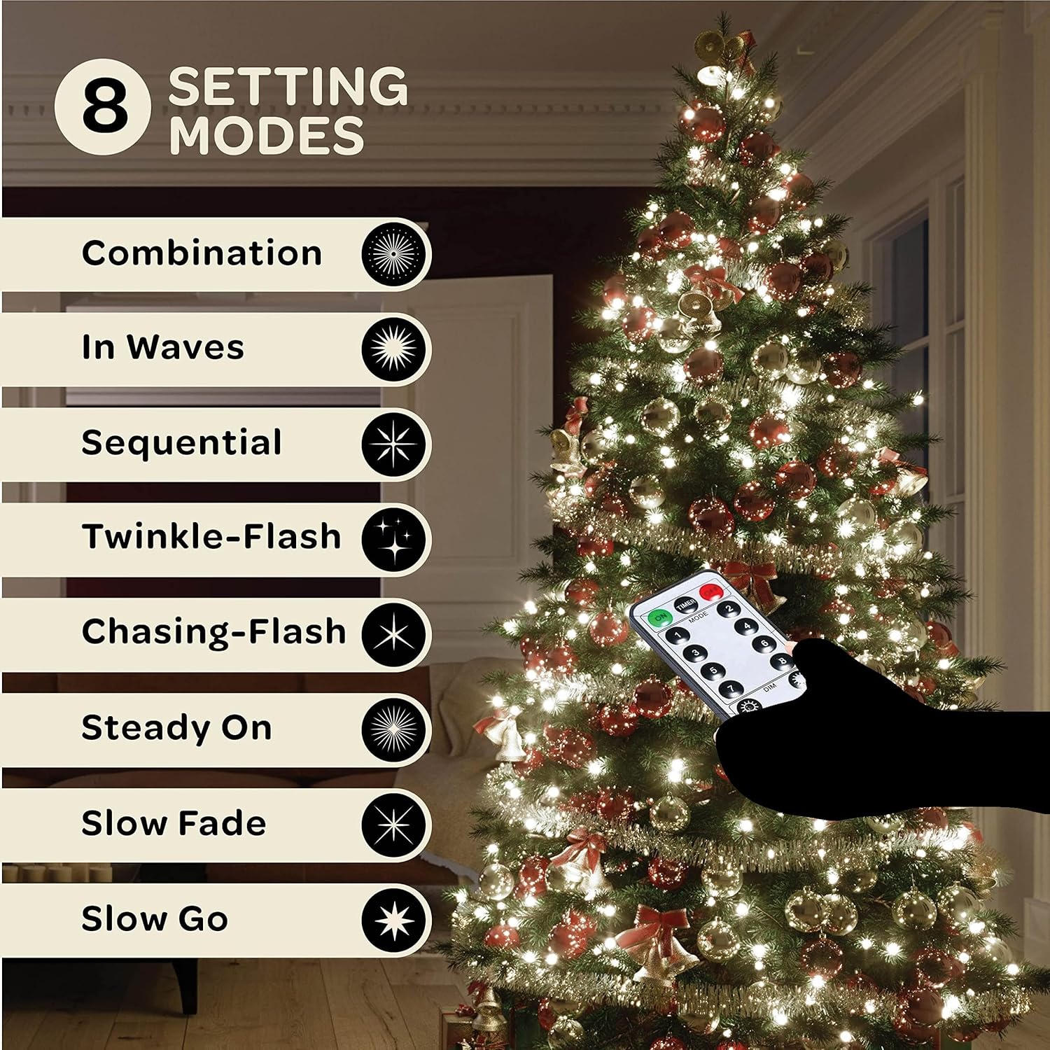 1000 luces LED de Navidad blanco frío Cadena de luces súper largas de 400 pies  Control remoto con 8 modostemporizadorregulable  Aprobado por UL