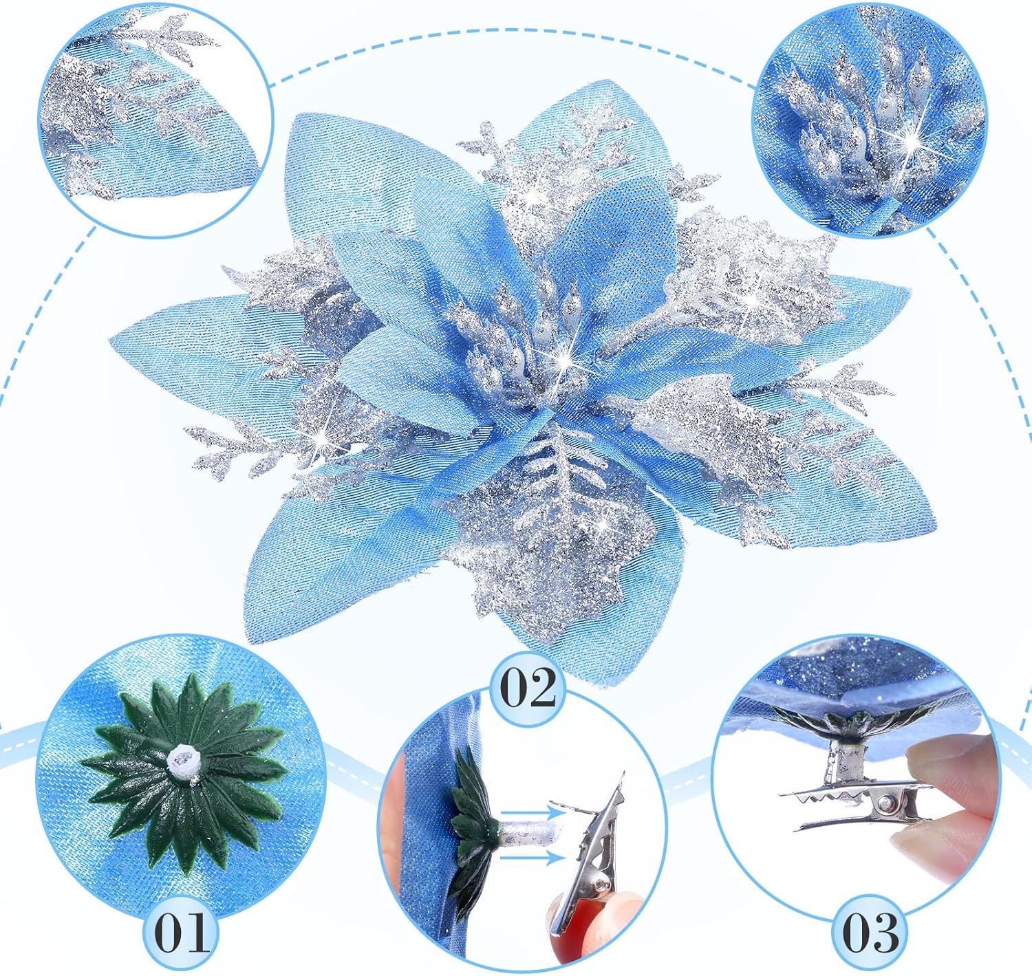 24 flores de Pascua con purpurina de Navidad y clips para adornos de árbol de Navidad, bodas, 6 pulgadas, 4 pulgadas, 3 pulgadas (plata y azul)