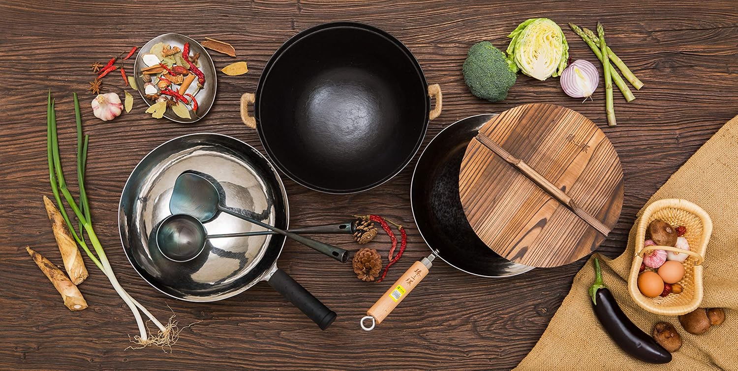 ZhenSanHuan – Wok de hierro martillado a mano, parte inferior plana por inducción (mango de hierro de 12.6 in)