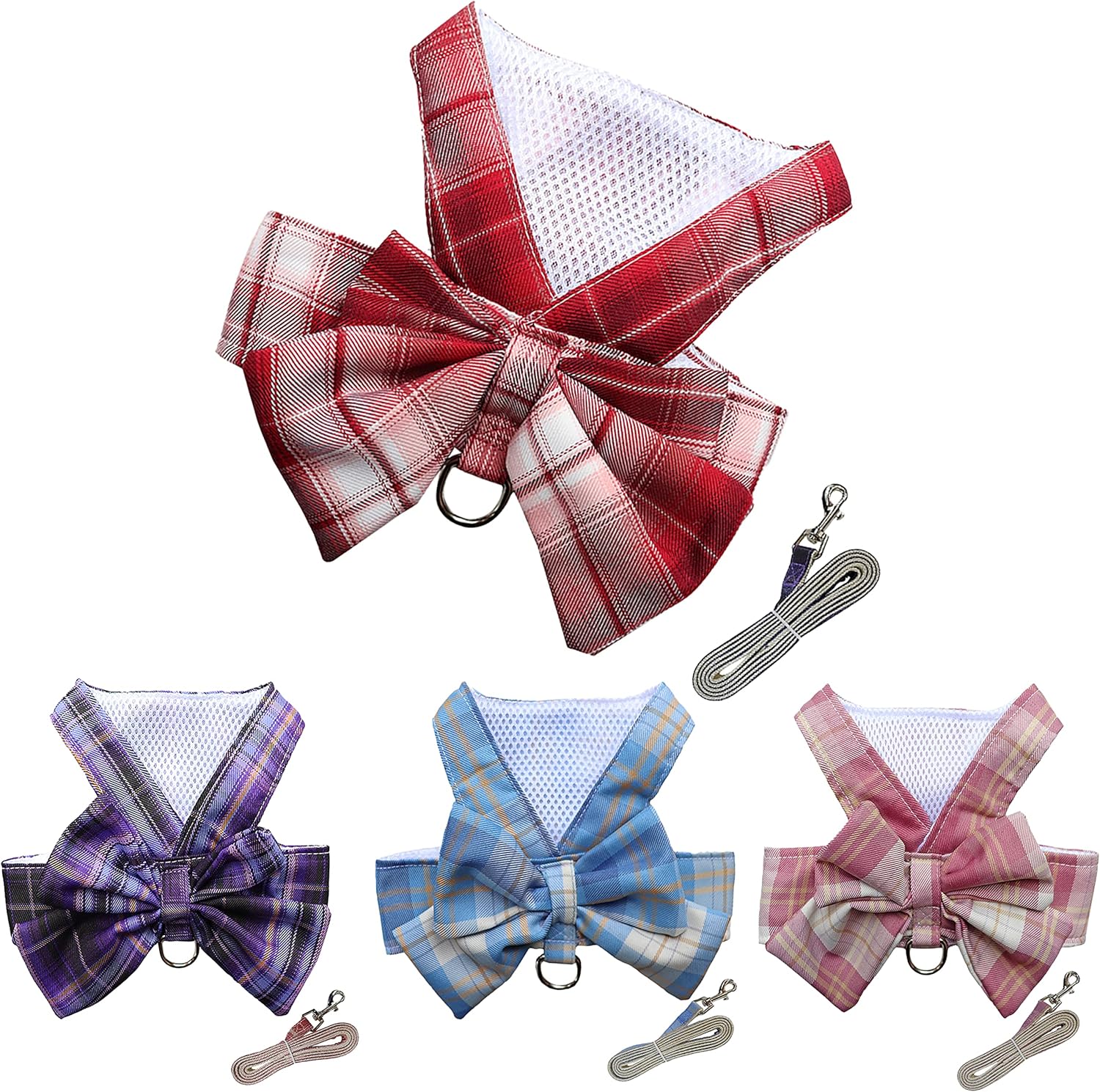 Juego de vestido a cuadros para perro, arnés y correa, ropa para perro con anillo para correa para perros pequeños y niñas, ropa de conejo princesa