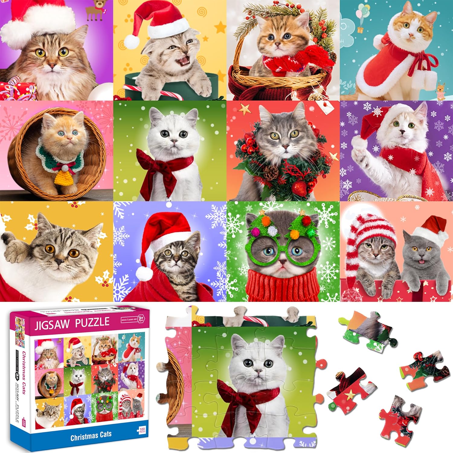 Rompecabezas de Navidad de 100 piezas para niños, gatos de Navidad, rompecabezas multicolor para niños de 4 a 8 años, 3 a 5 y 8 a 10 años, juguetes