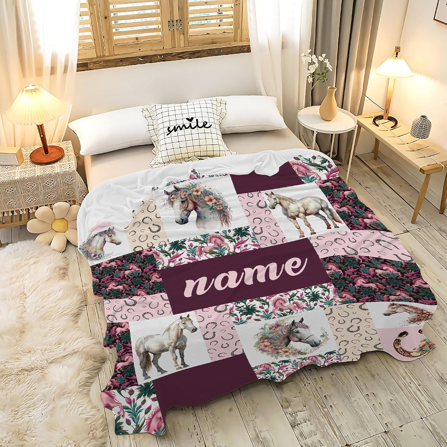Manta de franela de forro polar personalizada con estampado de caballos, manta de caballo para niñas y mujeres, regalo para amantes de los caballos,
