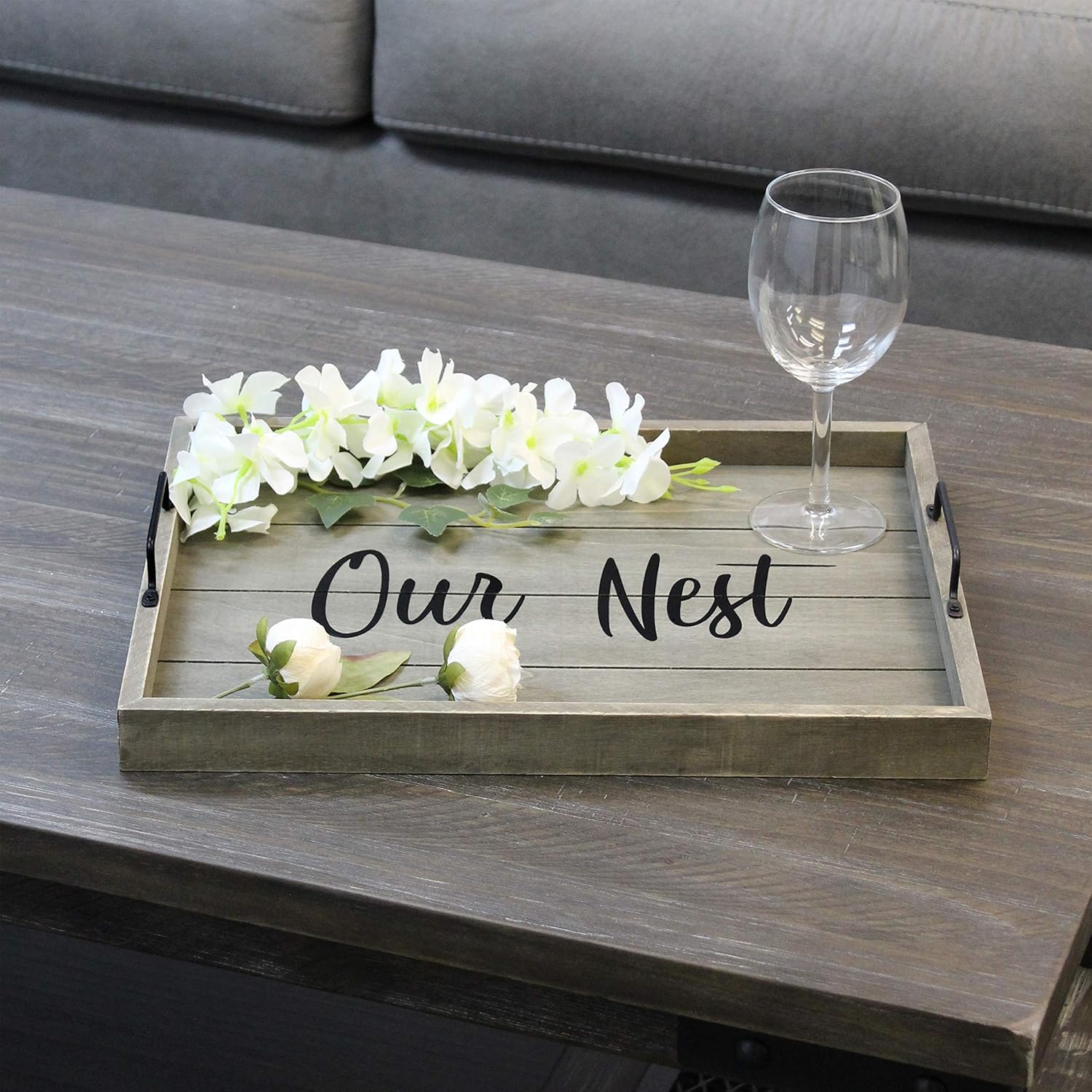 Elegant Designs HG2000-RGO Bandeja decorativa de madera para servir con asas, 15.50 x 12 pulgadas, Our Nest