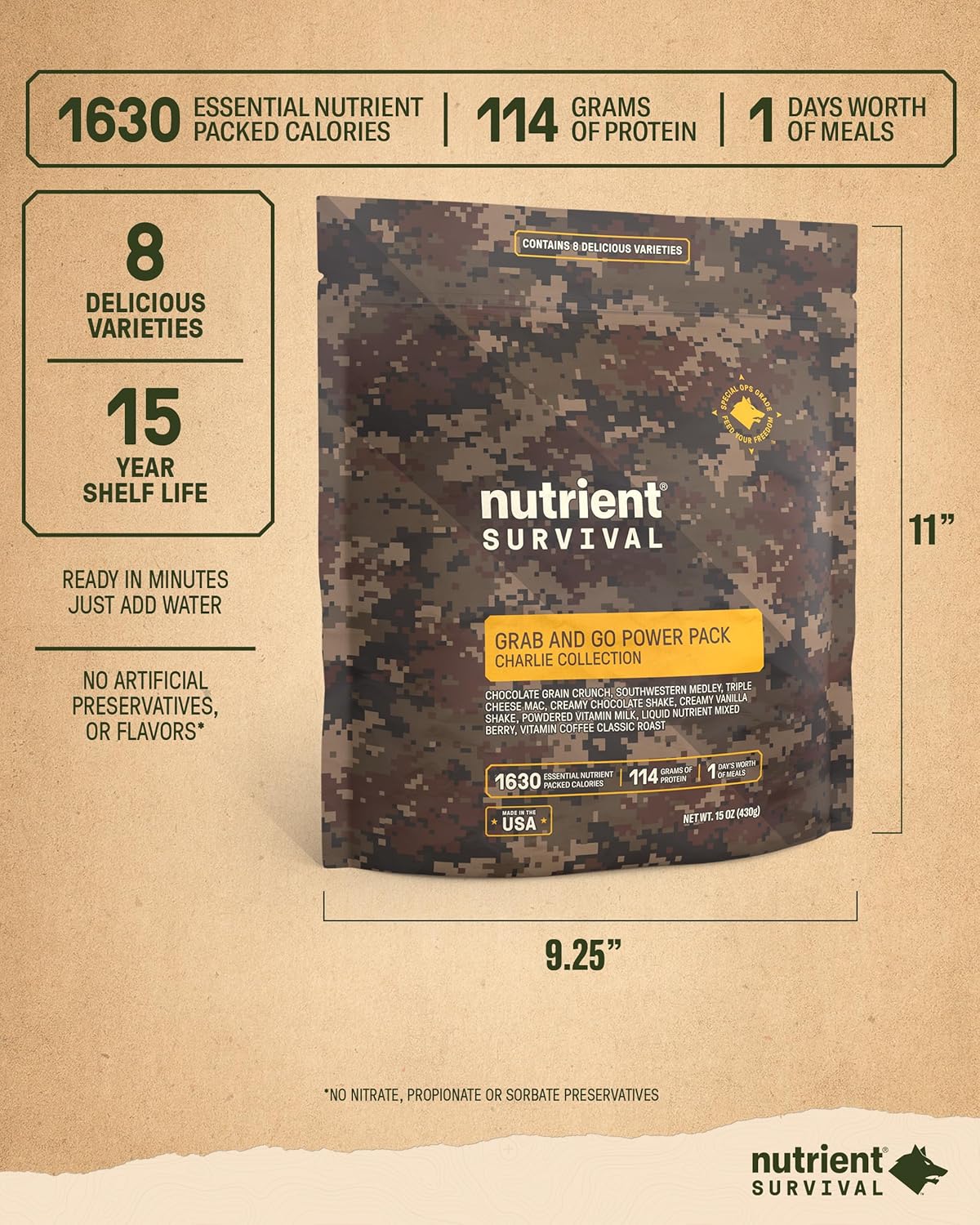 Nutrient Survival MRE Charlie Grab and Go Power Pack (8 porciones empaquetadas individualmente) comidas listas para comer, suministros de