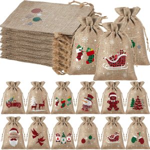 24 bolsas de regalo de Navidad con cordón, bolsa de arpillera de Navidad, bolsa de Navidad de algodón lavable para envoltura de dulces, recuerdos de 24 bolsas de regalo de Navidad con cordón, bolsa de arpillera de Navidad, bolsa de Navidad de algodón lavable para envoltura de dulces, recuerdos de