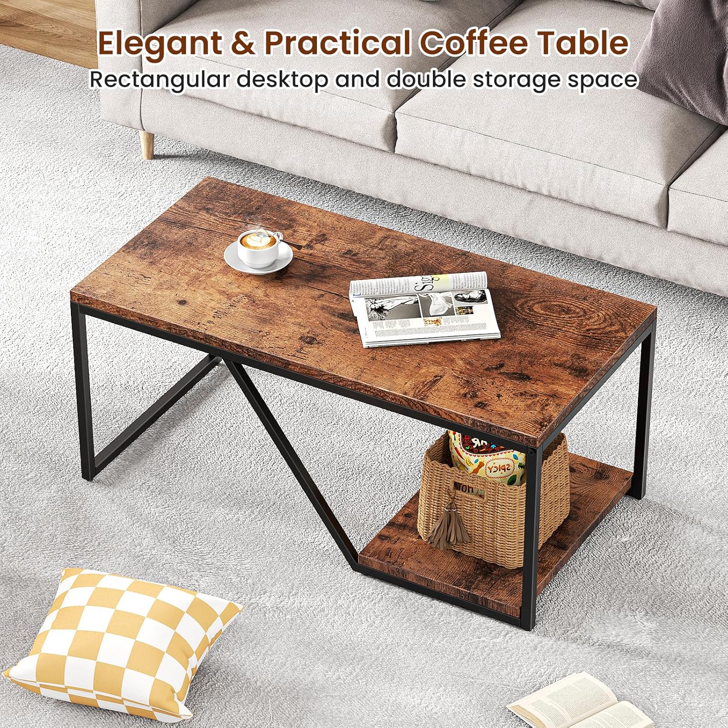 Mesa de centro rústica rectangular industrial de 2 niveles para sala de estar, espacios pequeños, mesa central de sala de estar con estante de