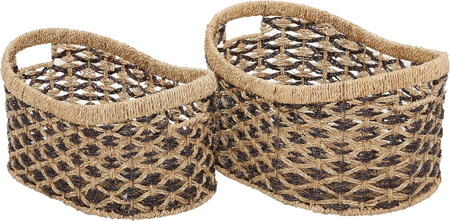 Deco 79 Seagrass – Cesta de almacenamiento hecha a mano de dos tonos con asas, juego de 2 10 pulgadas, 9 pulgadas de alto, color marrón