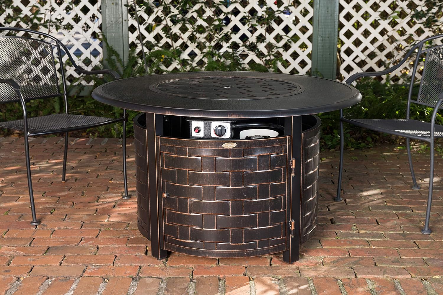 Fire Sense 62746 Armstrong Basketweave – Mesa convertible de aluminio para fogata de gas, 55,000 BTU, portátil al aire libre con tapa de cuenco de