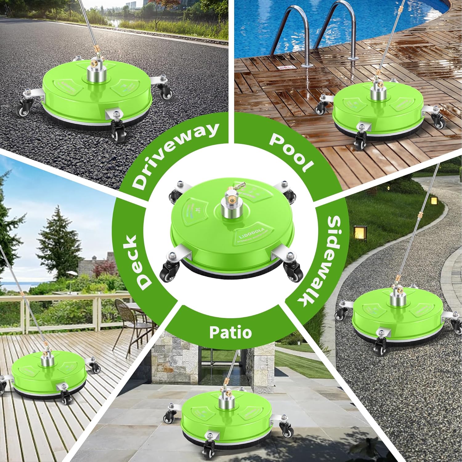 PWS14G – Limpiador de superficies de hidrolavadora de 14 pulgadas con 4 ruedas, limpiador de superficies de acero inoxidable verde recubierto para