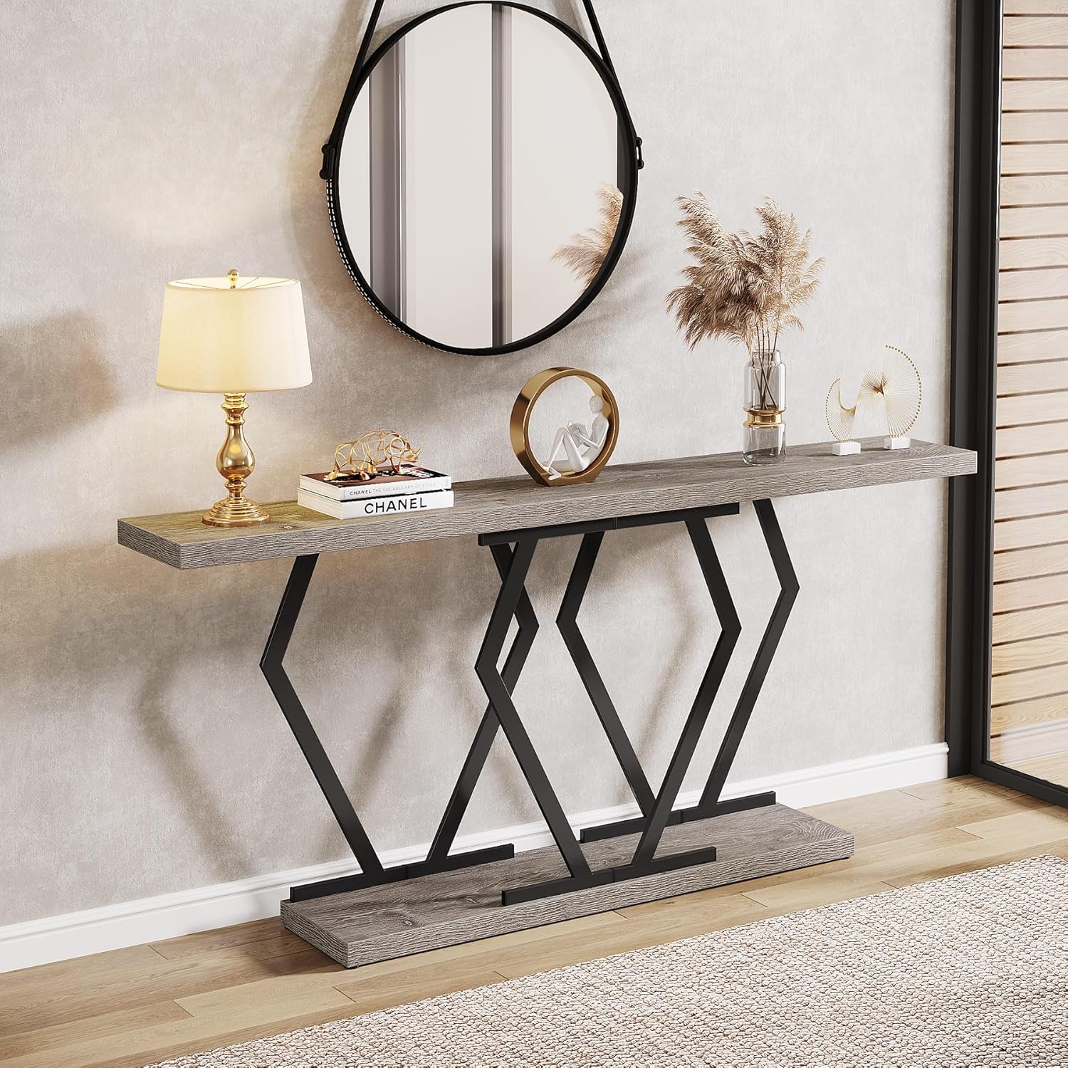Tribesigns Mesa consola de 70.9 pulgadas para sala de estar, mesa de sofá larga estrecha con marco de metal geométrico resistente, mesa de madera
