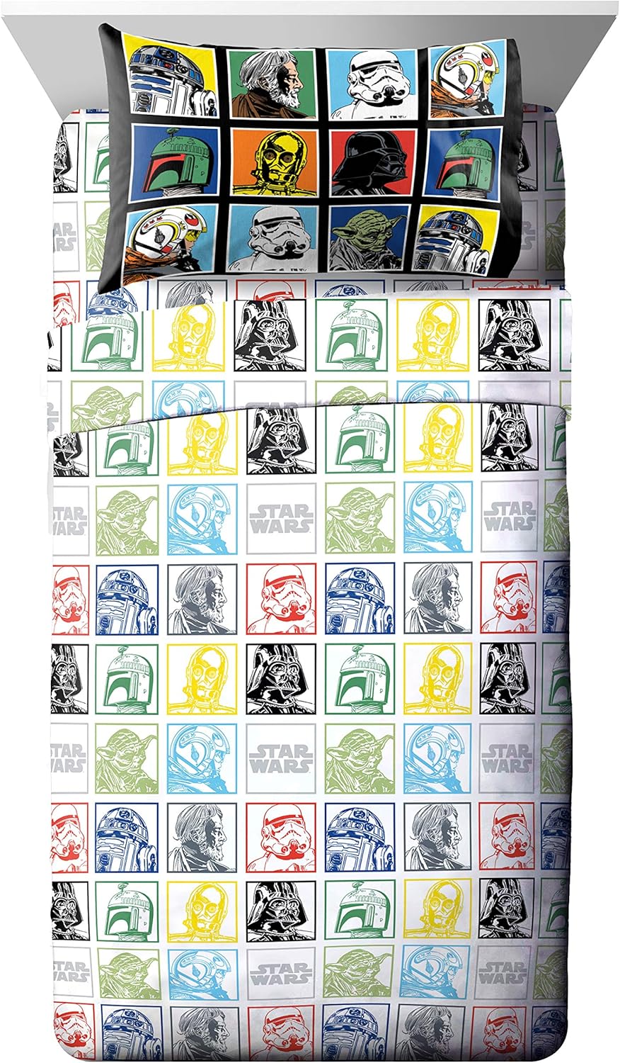 Star Wars Classic Grid – Juego de ropa de cama matrimonial de 5 piezas, incluye edredón reversible y juego de sábanas, ropa de cama con Luke