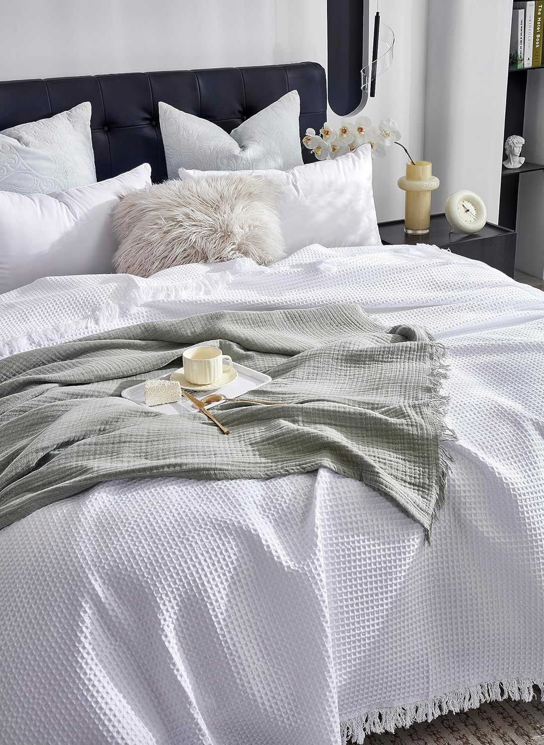 Manta de punto gofre 100% algodón de 90 x 90 pulgadas con borla, ligera, prelavada, suave, transpirable, manta perfecta para decoración de