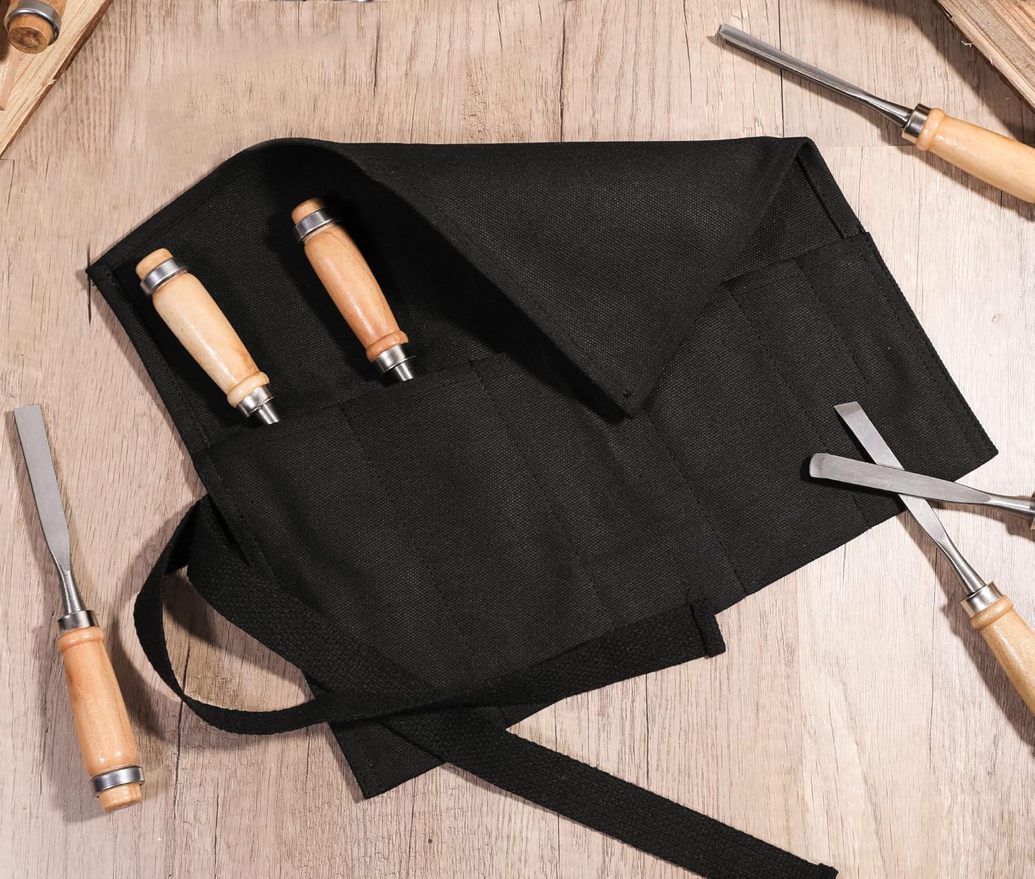 Rollo de herramientas de llave con 6 bolsillos, bolsa enrollable de lona encerada para cinceles, martillos, plantillas de pesca, cuchillo de