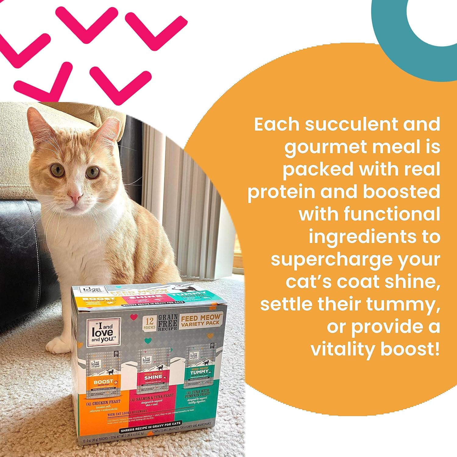 “I and love and you” Feed Meow Wet Cat Food Toppers, Variety Pack (Tummy, Boost, and Shine), Grain Free, No Fillers, 3oz Pouches, Pack of 12 Pouches