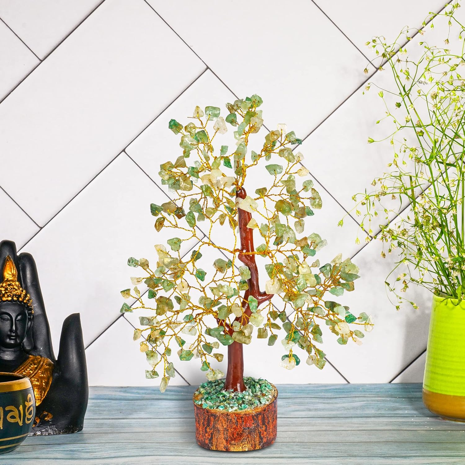 Árbol de dinero de piedra de jade verde  Árbol de la vida  Piedras curativas energéticas  Bonsái de Feng Shui  Curación de cristal de reiki  Buena