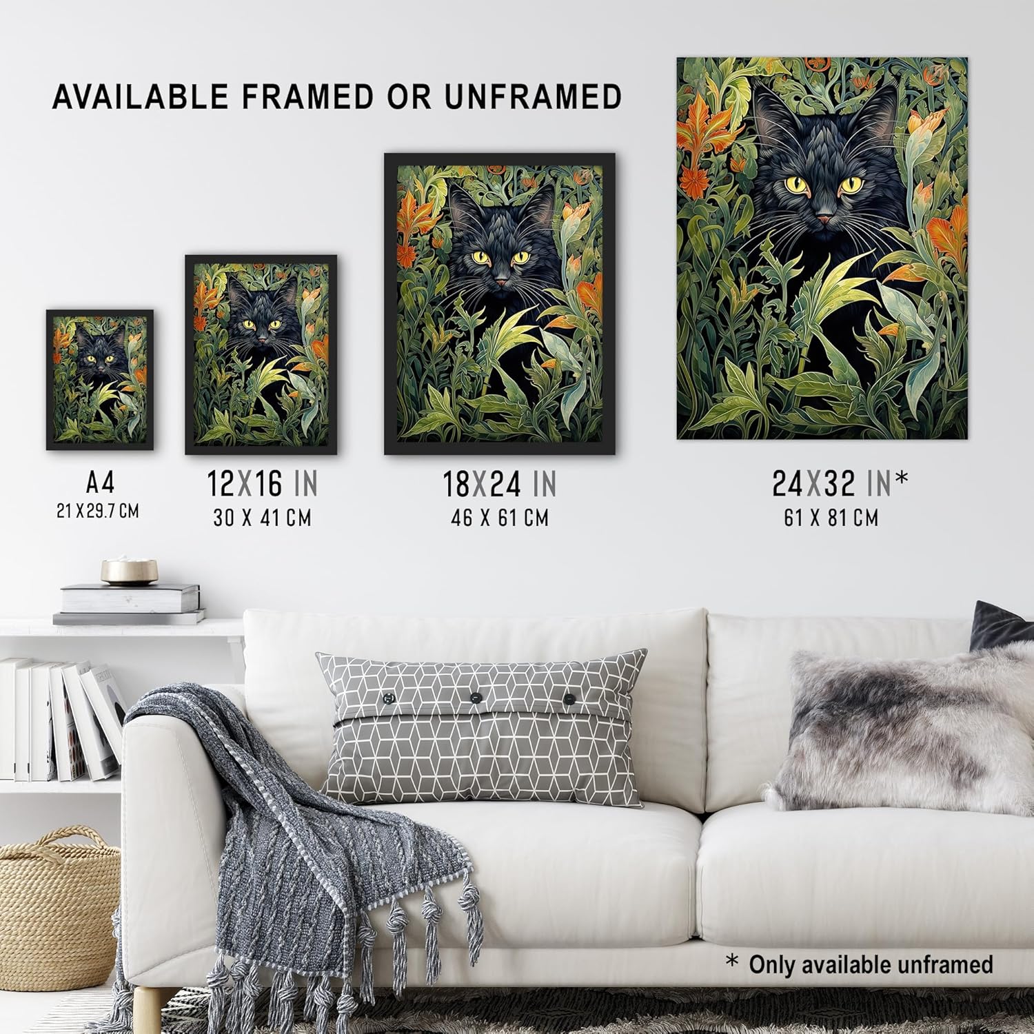 Gato negro escondido en campo de flores, pintura moderna estilo William Morris, naranja y verde, floración de primavera, retrato de animal, póster
