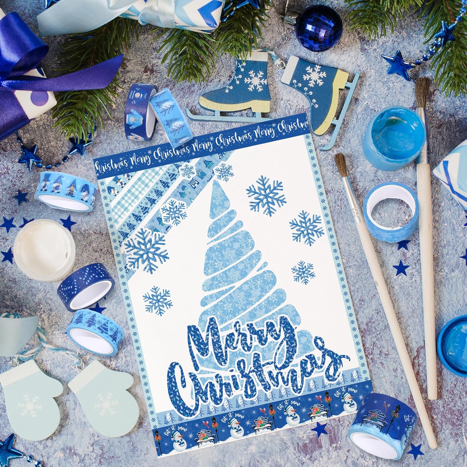 Whaline 16 rollos de cinta Washi de invierno, 4 tamaños, cinta adhesiva Washi azul para Navidad, copo de nieve, muñeco de nieve, papel decorativo de