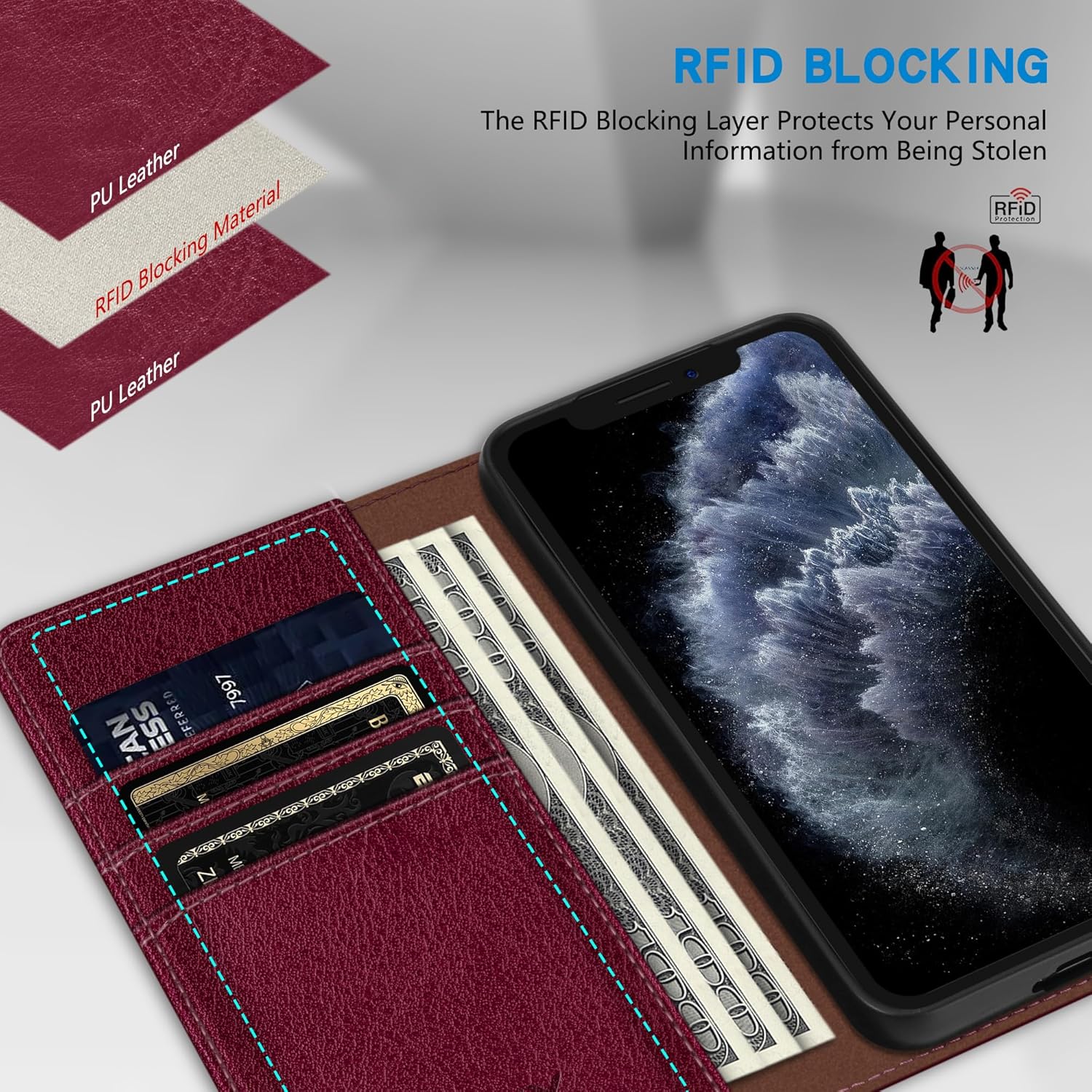 ZZXX Funda tipo cartera para iPhone 11 Pro Max, 3 ranuras para tarjetas con bloqueo RFID, funda protectora de cuero magnético fuerte para teléfono