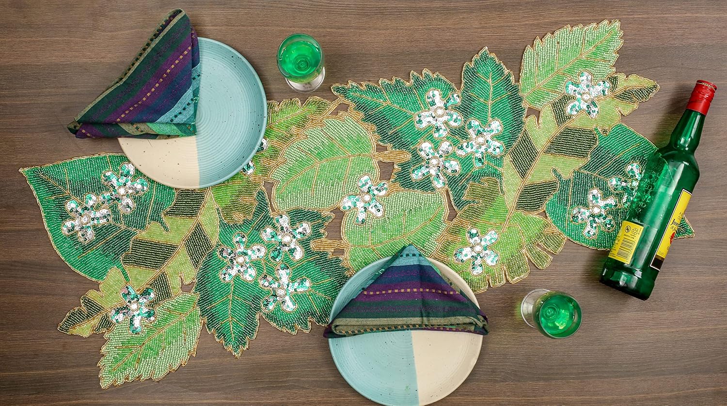 Camino de mesa con cuentas de hojas verdes de 36 pulgadas de largo, hermoso y elegante camino decorativo brillante perfecto para decoración de mesa