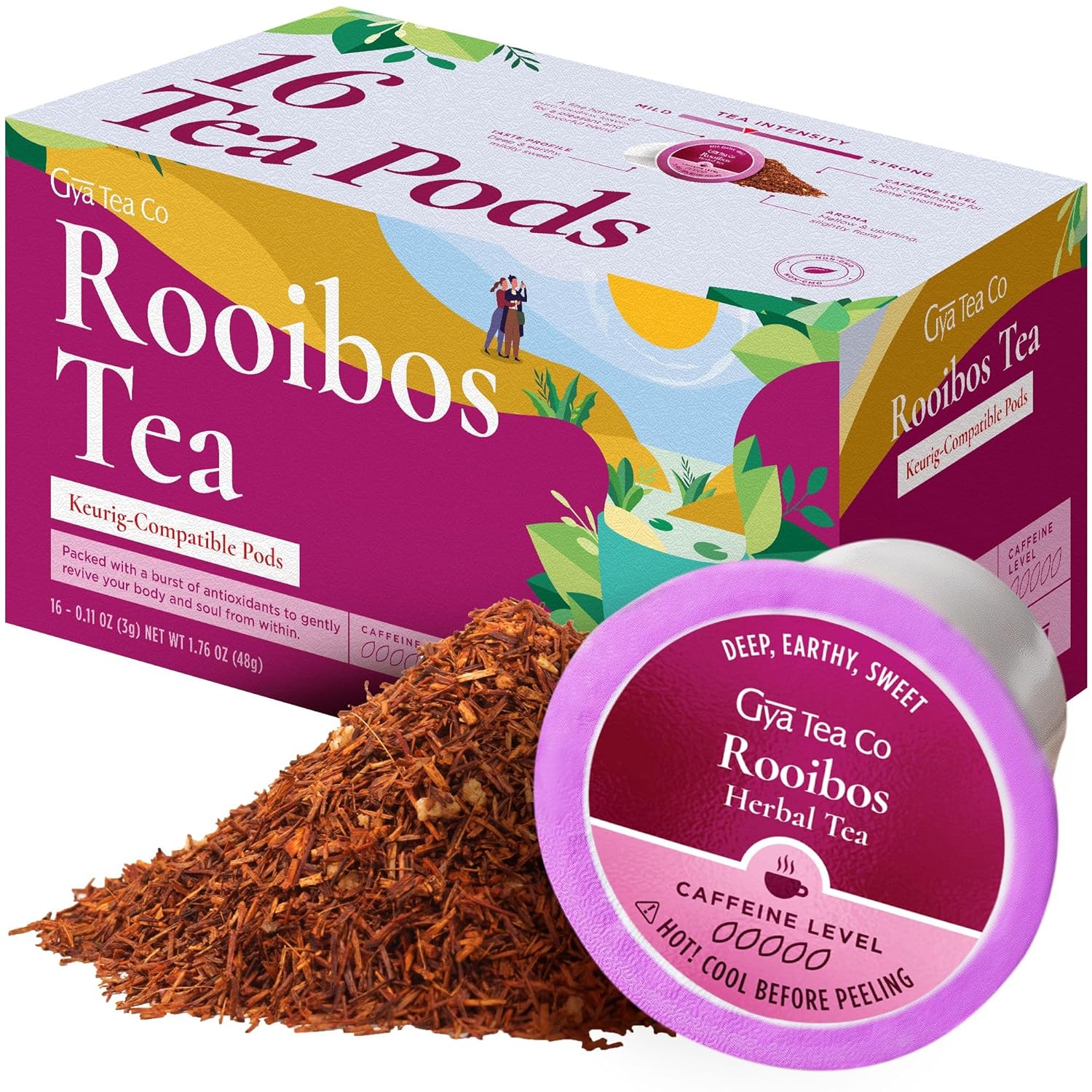 Gya Tea Co Pure Rooibos Tea K Cups para Keurig  Té suave sin cafeína K Cups para Keurig  Comienza el día con cápsulas de té para Keurig  Cápsulas de