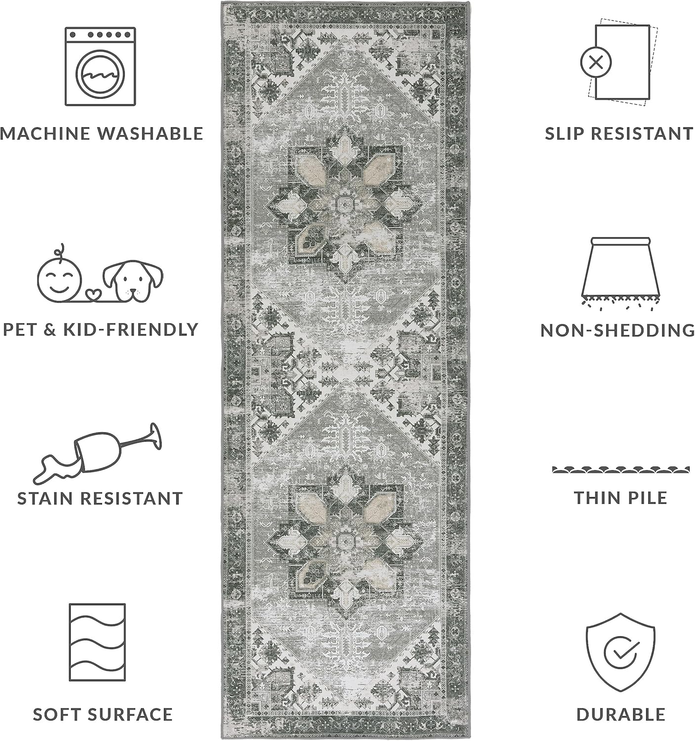 SAFAVIEH Tucson Collection – Alfombra de pasillo, 2 pies 6 pulgadas x 8 pies, diseño salvia oscura y marfil, diseño persa, no desprende pelusa,