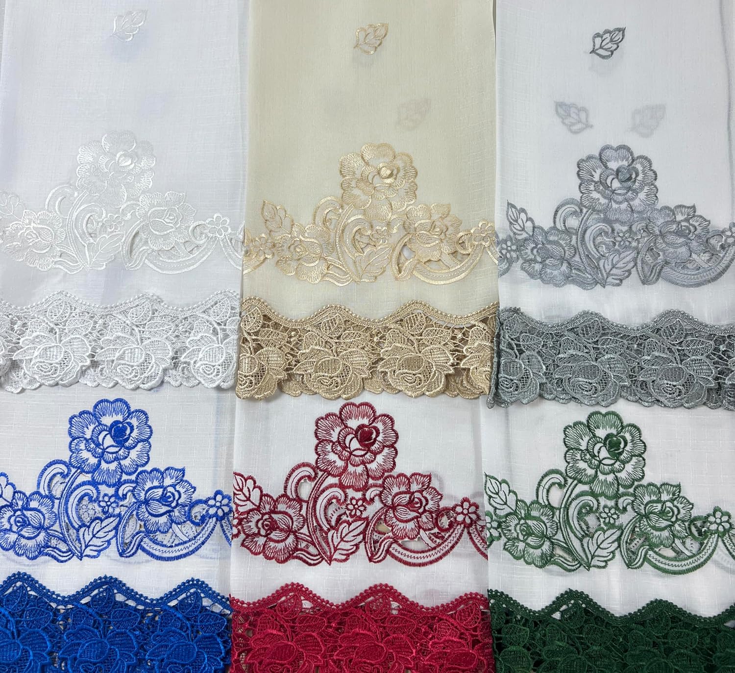GOHD – Cortinas de cocina de rosario de encaje, juego de 3 cortinas y cenefas de cocina, elegante tela blanca con bordado de rosas y encaje (color