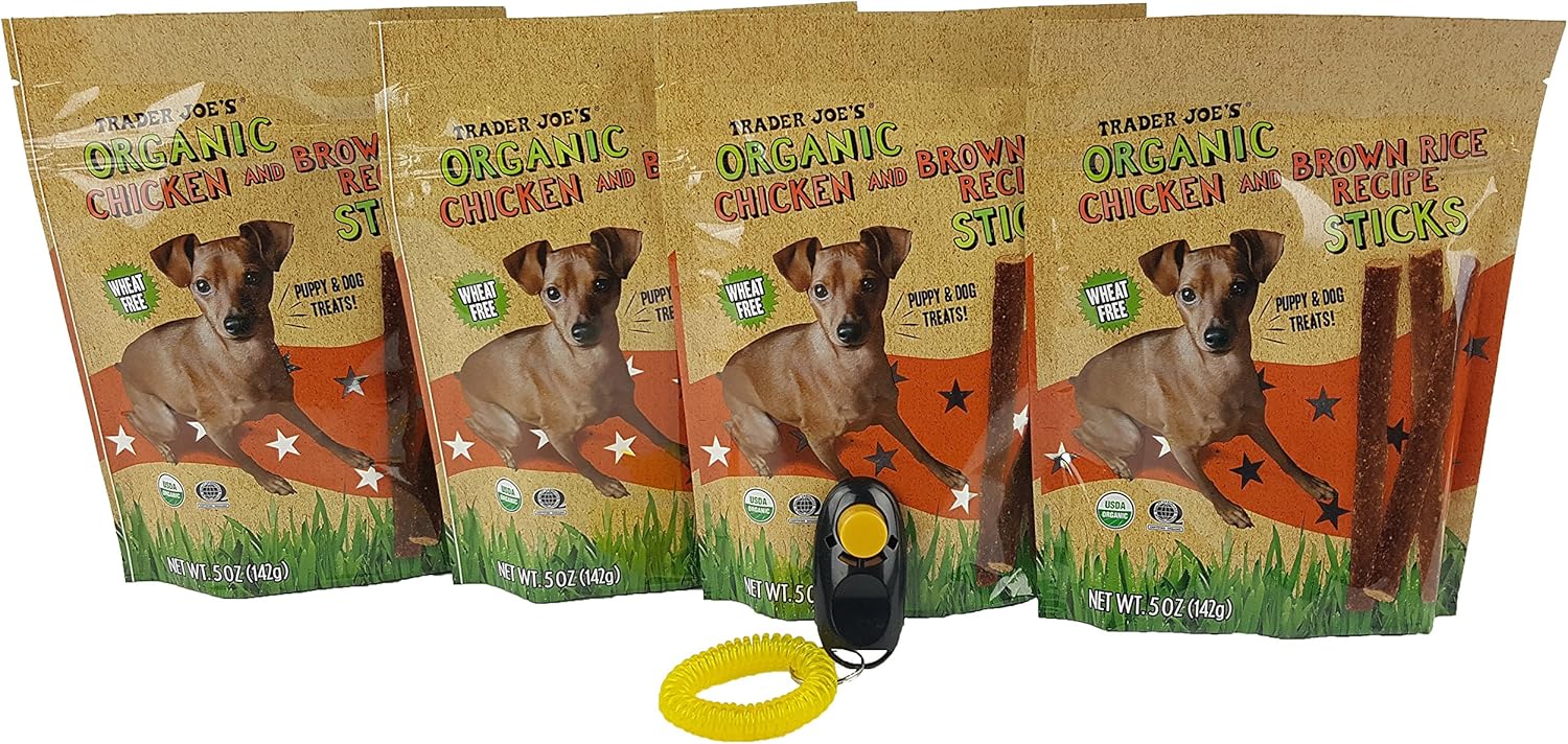 Trader Joe’s – Paquete de palitos de recetas orgánicas de pollo y arroz integral, 5 onzas, paquete de 4, clicker de comportamiento y entrenamiento