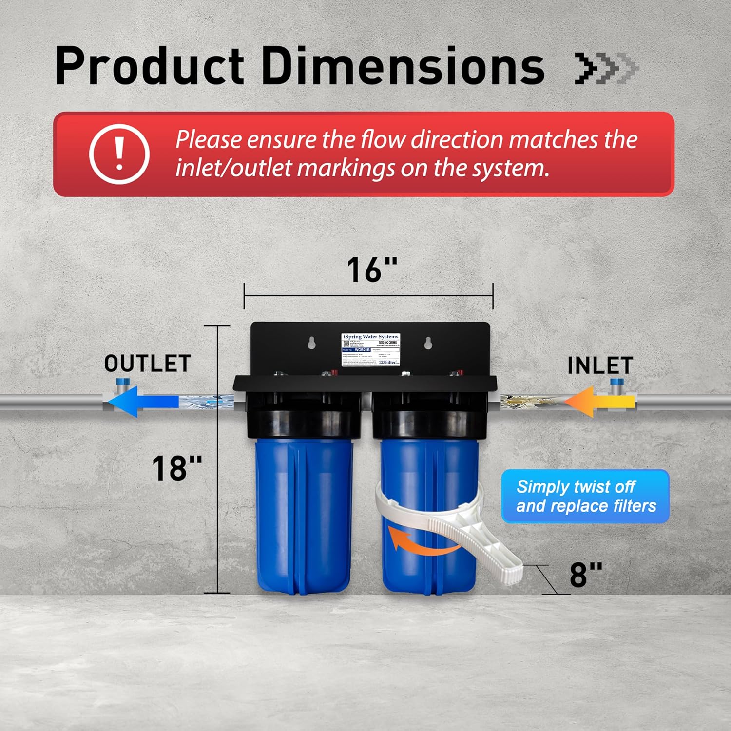 iSpring WGB21B-DS – Sistema de filtración de agua de 2 etapas para toda la casa, con filtro CTO de sedimentos de 10 x 4.5 pulgadas (cloro, sabor y